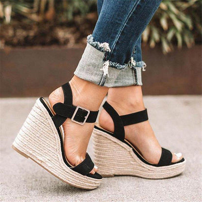 Ankle-wrap Solid Black Open Toe Platform High Heels Wedge