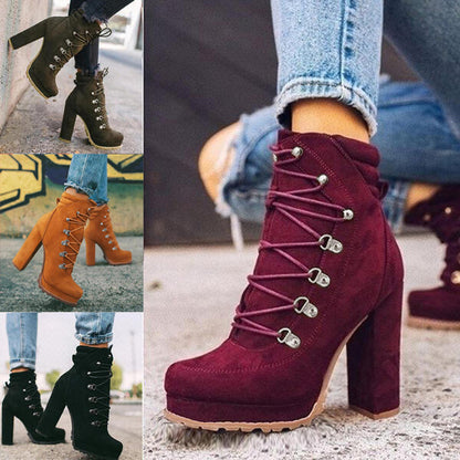 Round Toe Lace UP High Heels Boots Mid Calf