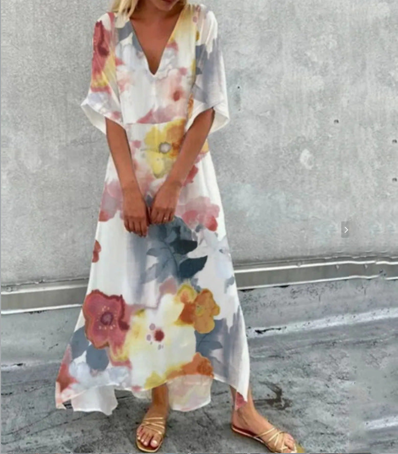 V-Neck Resort Casual Floral Print A-Line Long Dress