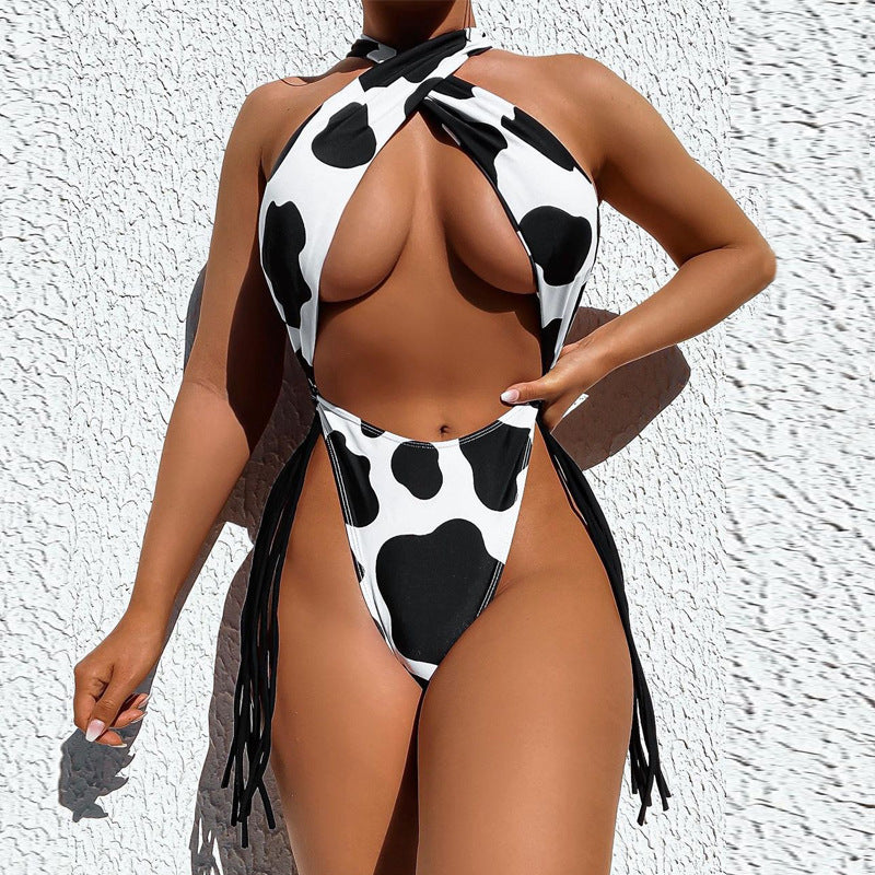 Ins New Fashion Cow Print Sexy Cross Jumpsuit