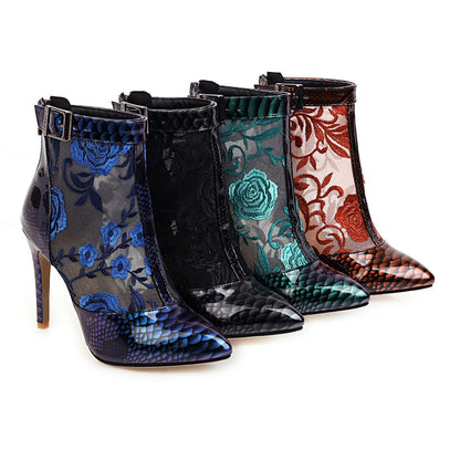 Pointed Ankle Boots Printed Thin Heel & Buckle Zipper