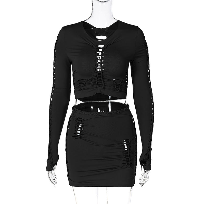 Cut Out Round Neck Long Sleeve Slim 2pc. Skirt Suit