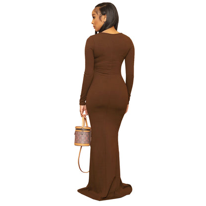 00 Women's Casual Lounge Long Dress Elegant Long Sleeve Crew Neck Bodycon Maxi Dresses