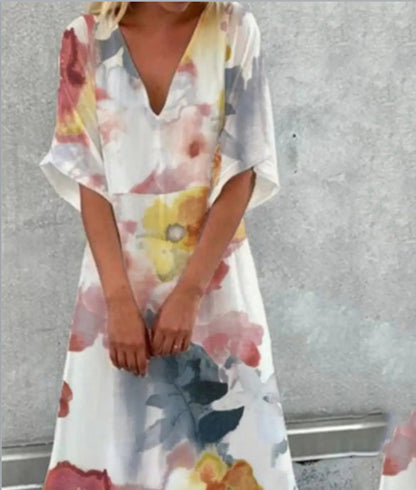 V-Neck Resort Casual Floral Print A-Line Long Dress