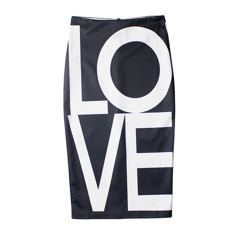 Letter Printed Love Sheath Split One Step Skirt