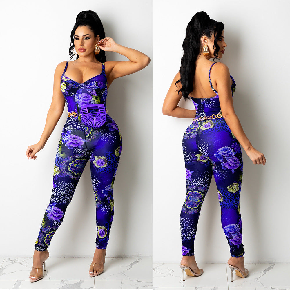 Women's Mesh Printed Jumpsuit Trousers