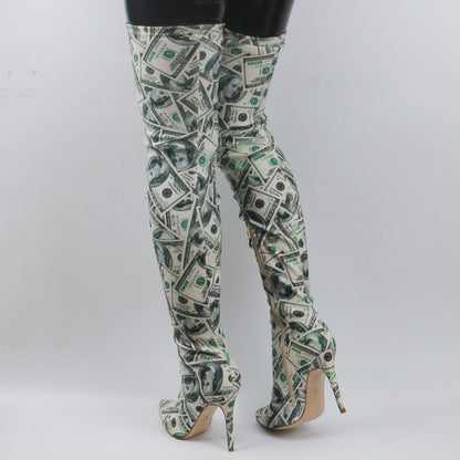 Designer "DOLLA" Print Stiletto Over Knee Boots