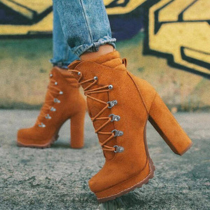 Round Toe Lace UP High Heels Boots Mid Calf