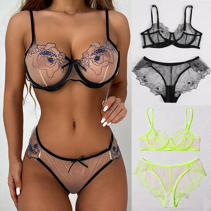 Mesh Embroidered Sheer Lingerie 2pc. Set