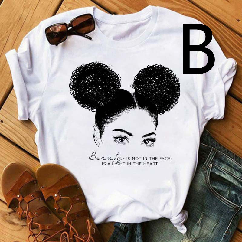 Camiseta de manga corta con estampado de niña negra africana para mujer