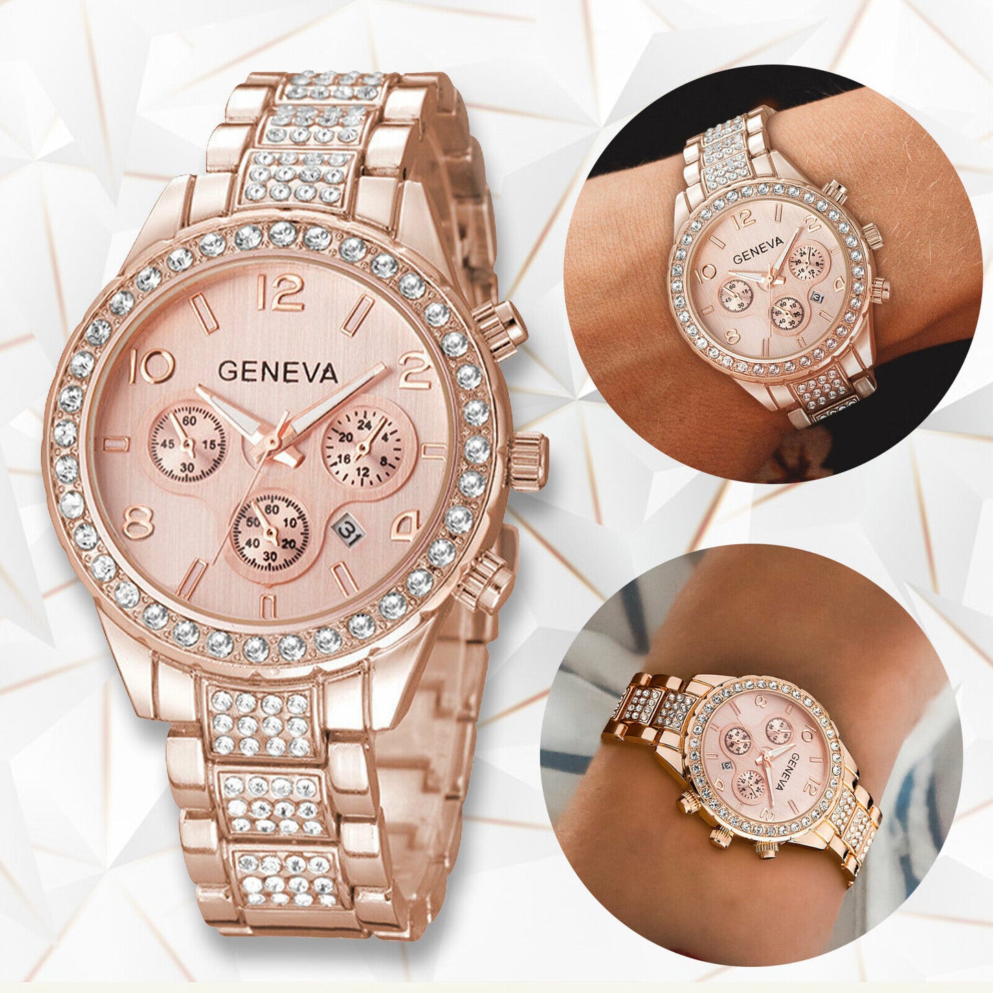 Waterproof Women Luxury Stainless Steel Crystal Quartz Round Watch