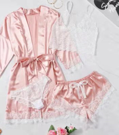 Satin Pink Striped Coat Lace Bra Underwear 4pc.Set