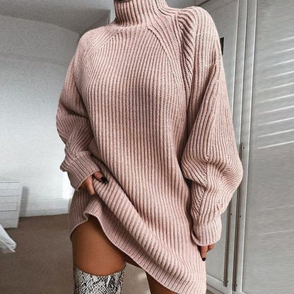 Solid Turtleneck Long Sweater Dress