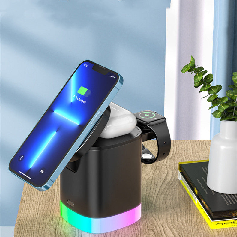 Cargador rápido inalámbrico magnético 3 en 1 para teléfono inteligente, estación de carga de luz ambiental RGB para Airpods IWatch