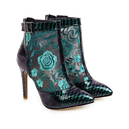 Pointed Ankle Boots Printed Thin Heel & Buckle Zipper