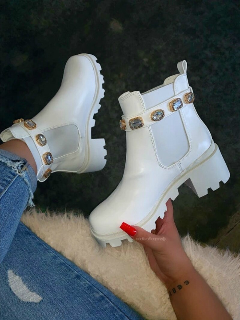 Ankle Cut Crystal Belt Buckle Boots