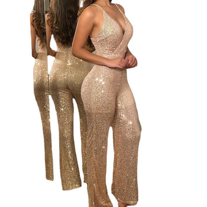 Champagne Suspenders Sequin Jumpsuit