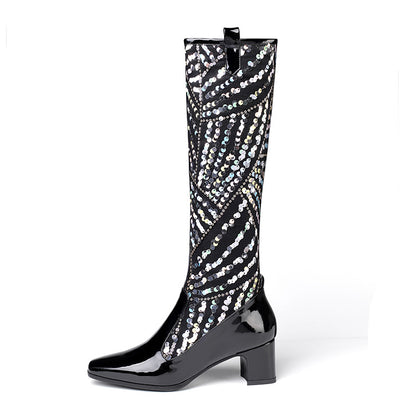 Sequin Night Club Sexy High Tube Mid Heel Boots