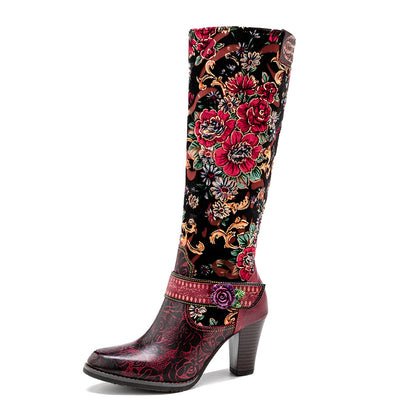 Distressed Retro Style 3D Flower Mid-Heel Knee-High Zipper Boots