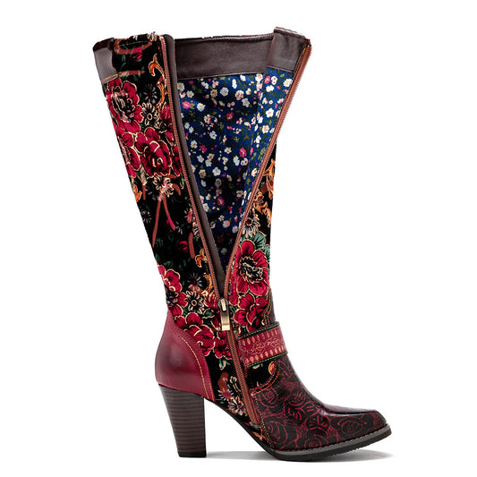 Distressed Retro Style 3D Flower Mid-Heel Knee-High Zipper Boots