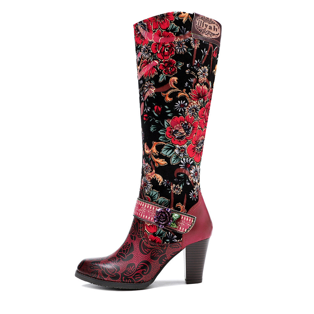 Distressed Retro Style 3D Flower Mid-Heel Knee-High Zipper Boots