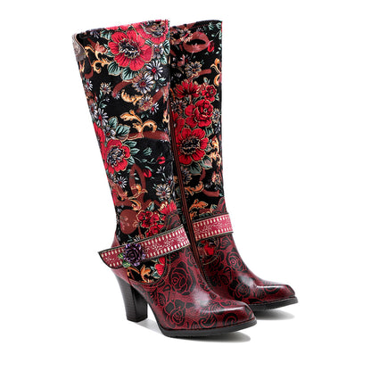 Distressed Retro Style 3D Flower Mid-Heel Knee-High Zipper Boots