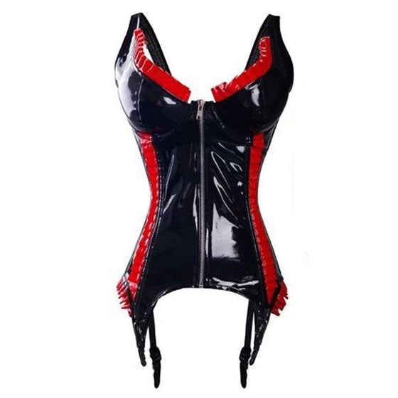 Conjunto de tanga con corsé de látex de PVC con volantes rojos y negros sexy