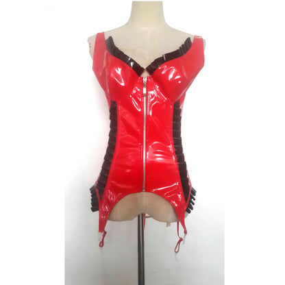 Conjunto de tanga con corsé de látex de PVC con volantes rojos y negros sexy