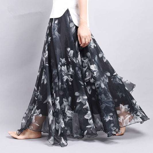 Bohemian Printed Chiffon Mid-Length Skirt, Floral Design Pattern