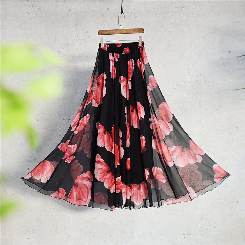 Falda de longitud media de gasa estampada bohemia, patrón de diseño floral