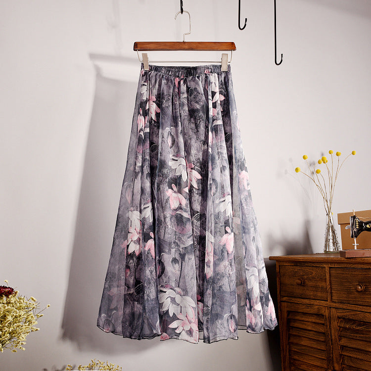 Falda de longitud media de gasa estampada bohemia, patrón de diseño floral