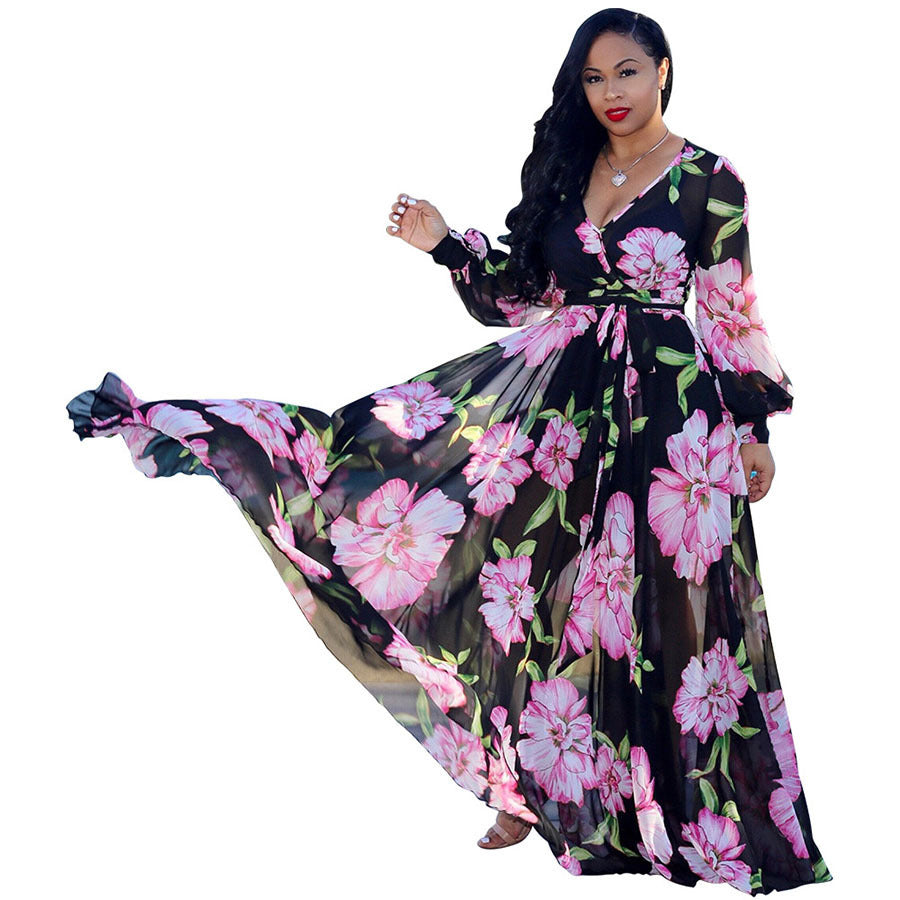 Spring And Autumn Amazon Chiffon Long Sleeve Digital Print European And American Style Big Swing Skirt Dress