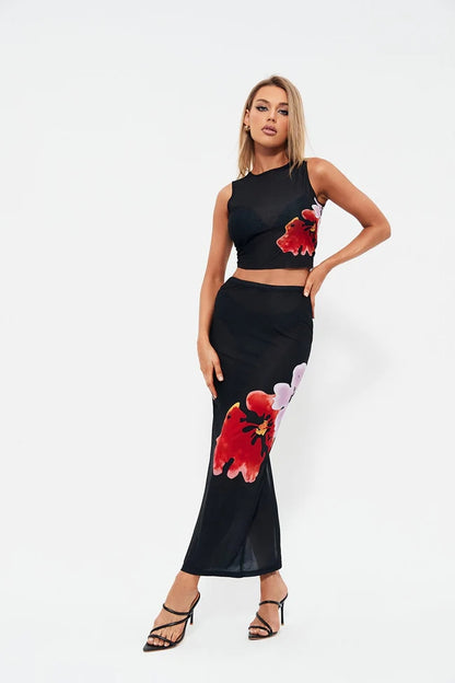 Sleeveless Printed Hip Slit Skirt Set