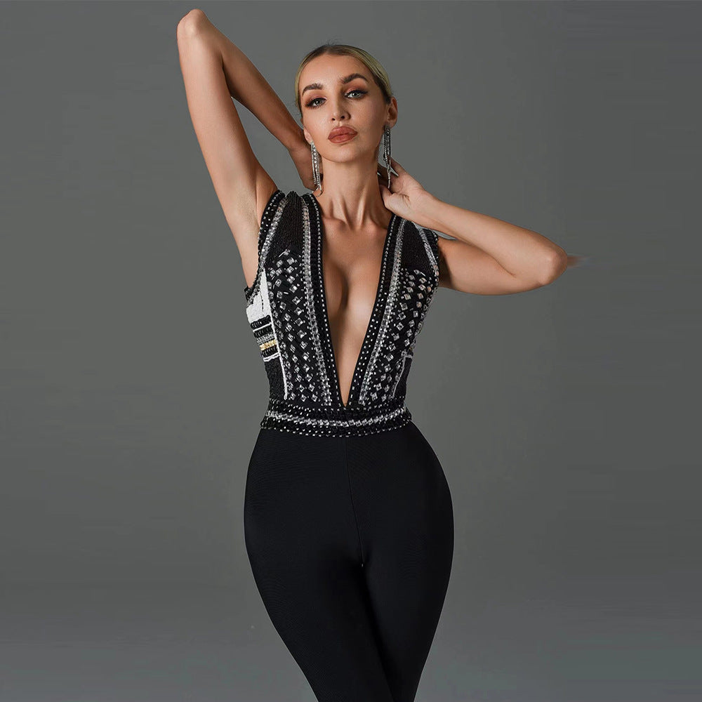 Beaded Slim-fit Slimming Sleeveless Bandage Jumpsuit For Women