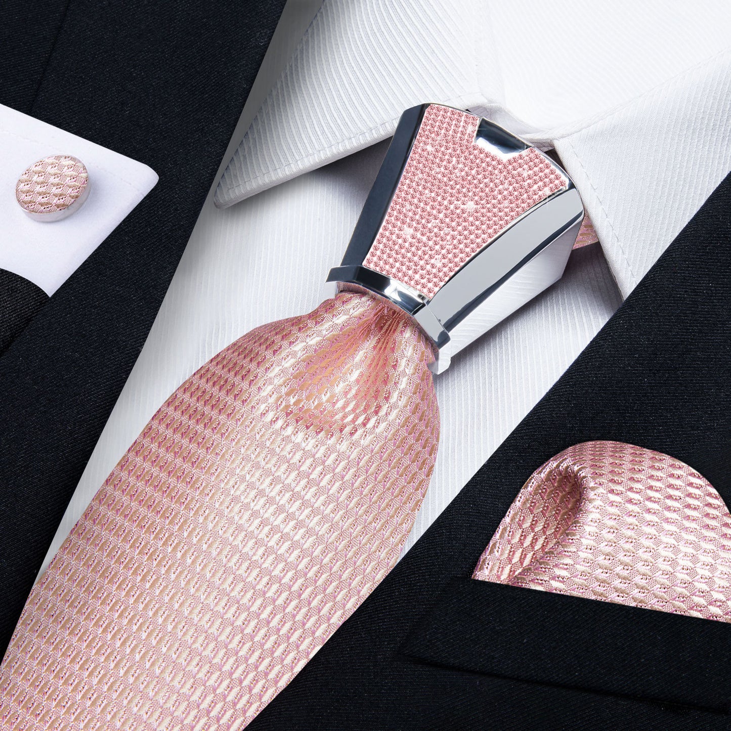 Luxury Designer Pink Silver Blue Tie Set