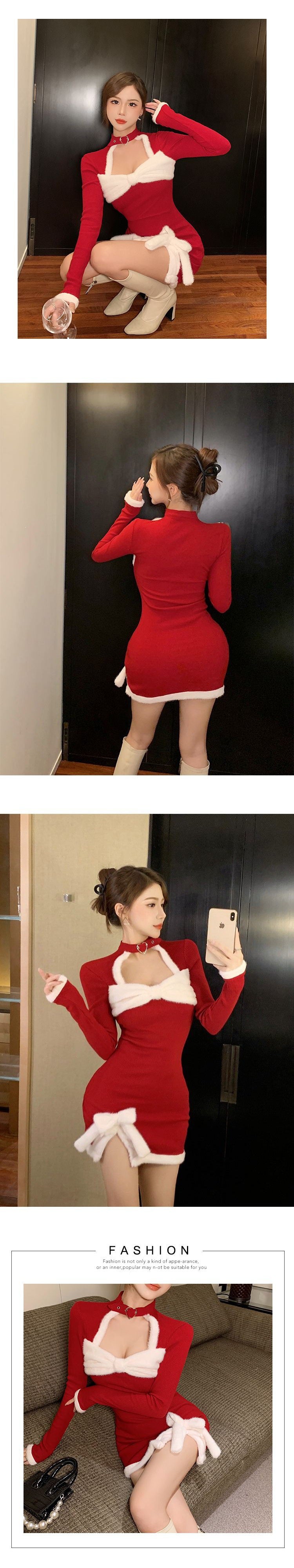 Sexy Slim Fit Slimming Red Dress w/ White Bow