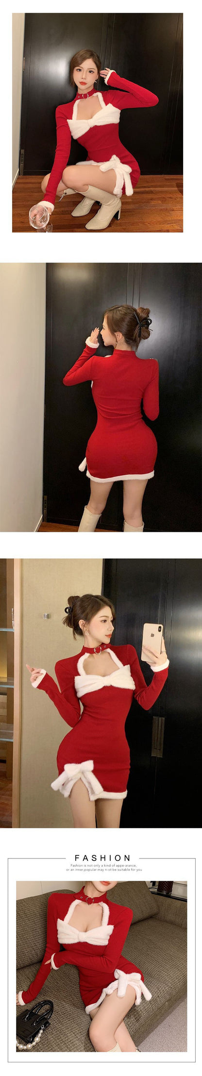 Sexy Slim Fit Slimming Red Dress w/ White Bow