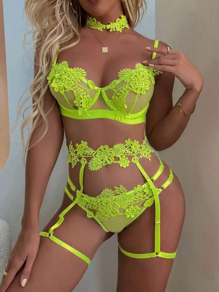 Lace Stitching  Lace-up Lingerie 4-piece Set