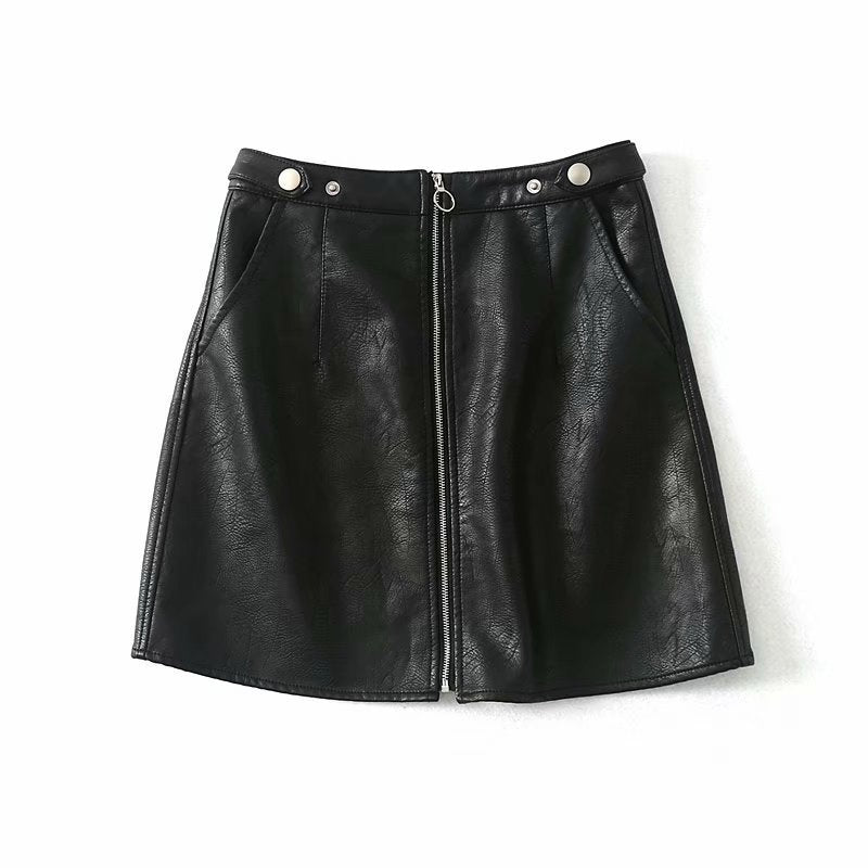 High Waist Slim Zipper PU Leather Short Skirt