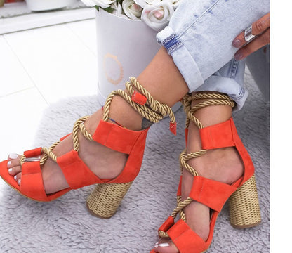 Zapatos de tacón alto con cordones para mujer, sandalias de gladiador para fiesta, zapatos de boda, sandalias de mujer con tacones gruesos