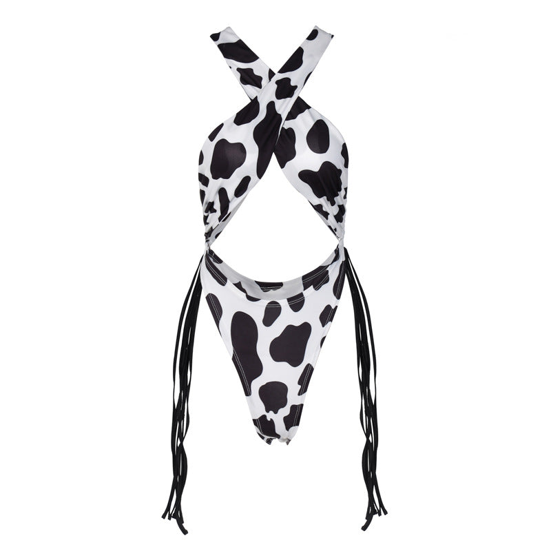 Ins New Fashion Cow Print Sexy Cross Jumpsuit