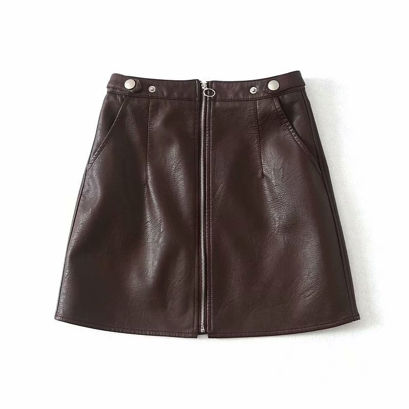 High Waist Slim Zipper PU Leather Short Skirt