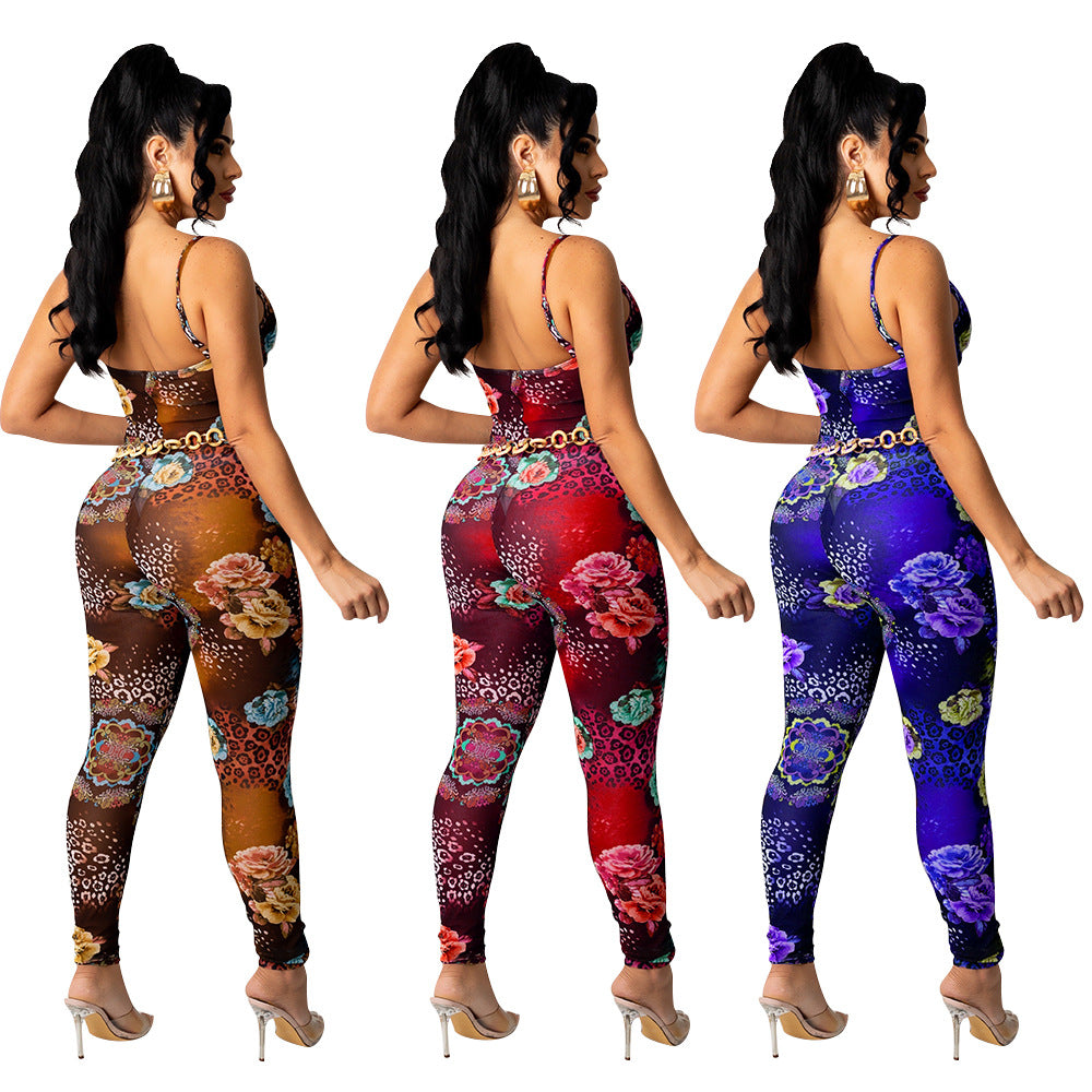 Women's Mesh Printed Jumpsuit Trousers