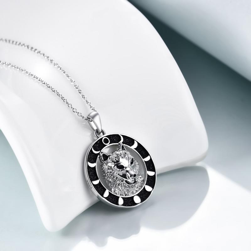 Wolf Pendant Necklace 925 Sterling Silver Moon Phase