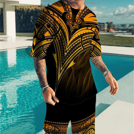 3D Digital Printing Men Summer Short-sleeved Beach Pants Suit