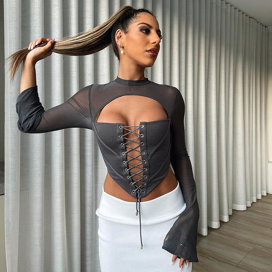 Backless Crew Neck Long Sleeve Tie Mesh Top