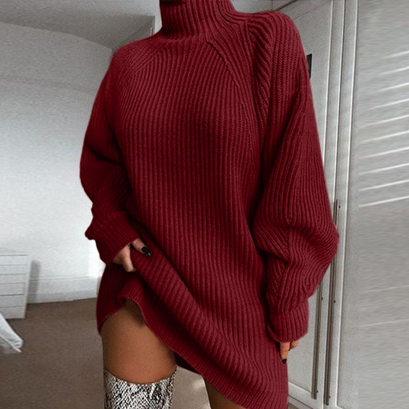 Solid Turtleneck Long Sweater Dress