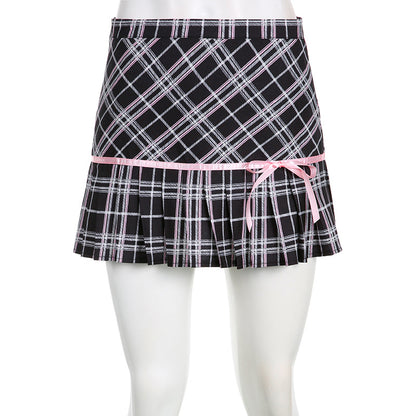 Low Waist Plaid Retro Pleated Skirt Women's