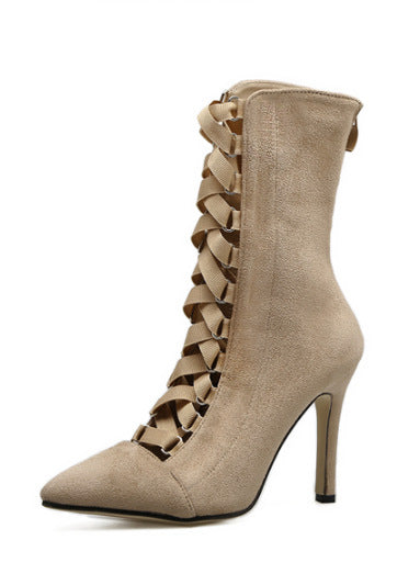 Strappy high heel nude boots