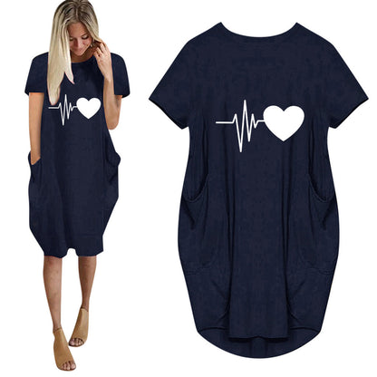 Short-sleeved Heart-shaped Print Dress